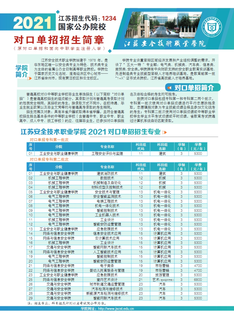 江苏安全技术职业学院2021年对口单招简章