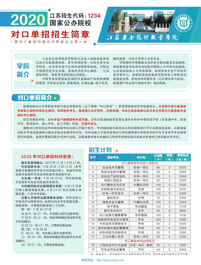 江苏安全技术职业学院2020年对口单招简章