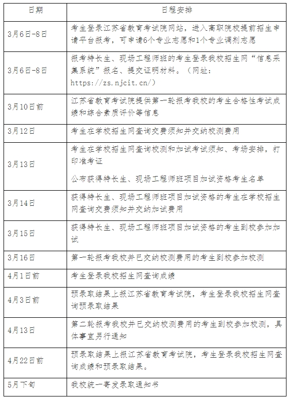 2024年南京信息职业技术学院提前招生日程安排